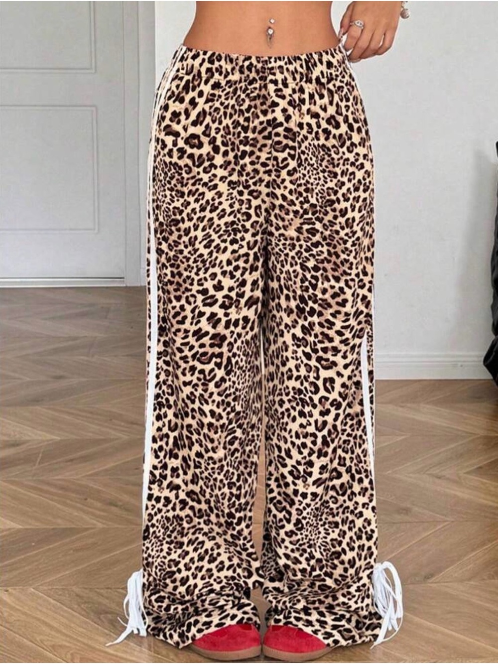 Leopard Print Wide-Leg Track Pants with Side Stripes - Beige/Black - Picture 2 of 5